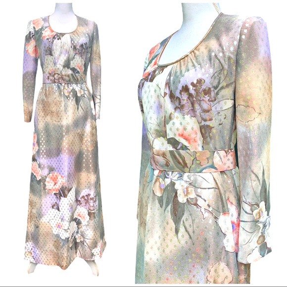 VINTAGE 70’s Belted Floral Maxi Gown Metallic Dot - Picture 4 of 15